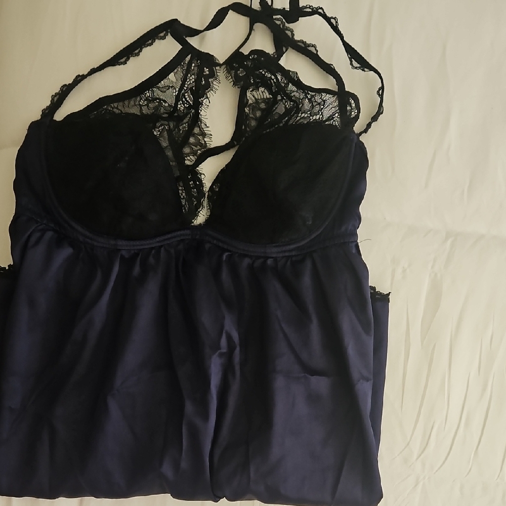 Frederick's of Hollywood Midnight Blue Chemise with Black Lace